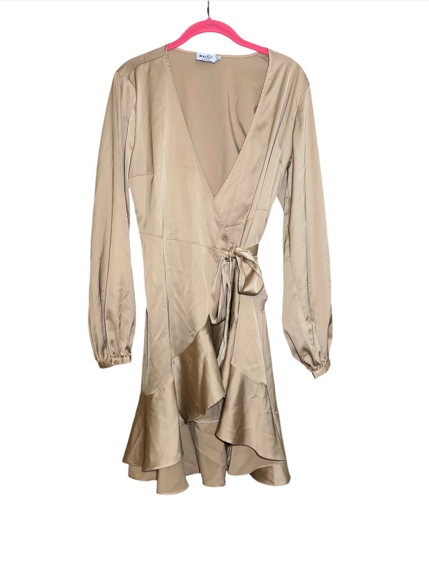 Na-Kd Satin Wrap Mini Dress Beige Quiet Luxury Date Night Old Money Us 4